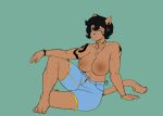  absurd_res anthro big_breasts bottomwear breasts brown_body brown_fur clothed clothing cutoffs denim denim_clothing domestic_cat felid feline felis female fur gulasauce hair hi_res jewelry mammal mia_helsinki necklace partially_clothed short_hair shorts solo tattoo thequakekat topless 