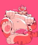  2022 anthro balls belly big_belly bowser bozobin cute_fangs erection felid feline genitals hi_res lying male mammal mario_bros meowser navel nintendo one_eye_closed overweight overweight_male penis simple_background solo video_games wink 