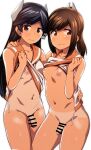  2girls absurdres bangs bar_censor black_eyes black_hair blush breasts brown_eyes brown_hair censored clothes_lift foreskin futanari headgear highres i-400_(kancolle) i-401_(kancolle) kaauchi kantai_collection lifted_by_self long_hair looking_at_viewer multiple_girls nipples one-piece_tan orange_sailor_collar penis phimosis ponytail sailor_collar shirt_lift simple_background small_breasts tan tanlines white_background 