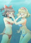  1girl alice_margatroid arnest bikini blonde_hair blue_bikini blue_eyes bow breasts brown_eyes brown_hair hair_bow hair_tubes hairband hakurei_reimu highres holding_breath lolita_hairband medium_breasts navel nose red_bikini red_bow red_hairband short_hair sidelocks small_breasts solo swimsuit touhou 