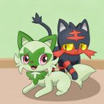  absurd_res ambiguous_gender black_body black_fur duo feral fur green_body green_fur hi_res litten looking_at_another looking_at_viewer multicolored_body multicolored_fur nintendo pok&eacute;mon pok&eacute;mon_(species) purple_eyes red_body red_fur shadow sprigatito tokumei_tm two_tone_body two_tone_fur video_games yellow_eyes 