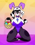  101_dalmatian_street 101_dalmatians annoyed anthro basket blush bow_tie breasts bunny_costume canid canine canis clothed clothing container costume crossgender d-pad_(whitewolf20xx) dalmatian disney domestic_dog easter easter_egg egg fake_ears fake_rabbit_ears female fur hi_res holding_basket holding_container holding_object holidays kneeling leggings legwear looking_at_viewer mammal object_between_breasts pivoted_ears simple_background solo spots spotted_body white_body white_fur whitewolf20xx 