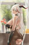  1girl absurdres aegir_(azur_lane) ass azur_lane back bangs bare_back bare_shoulders black_gloves black_legwear blush bodystocking breasts elbow_gloves eyebrows_visible_through_hair feet_out_of_frame gloves gu_lan highres horns large_breasts long_hair looking_at_viewer looking_to_the_side manjuu_(azur_lane) multicolored_hair open_mouth pantyhose parted_lips sideboob silver_hair simple_background solo standing sweatdrop vase window yellow_eyes 