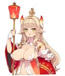  1girl :d bangs blonde_hair breasts character_request copyright_request gloves green_eyes highres holding holding_staff horns large_breasts long_hair looking_at_viewer mota navel open_mouth red_sleeves revealing_clothes simple_background smile solo staff white_background white_gloves 