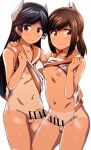  2girls absurdres bangs bar_censor black_eyes black_hair blush breasts brown_eyes brown_hair censored clothes_lift erection foreskin futanari headgear highres i-400_(kancolle) i-401_(kancolle) kaauchi kantai_collection lifted_by_self long_hair looking_at_viewer multiple_girls nipples one-piece_tan orange_sailor_collar penis phimosis ponytail sailor_collar shirt_lift simple_background small_breasts tan tanlines white_background 