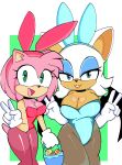  absurd_res amy_rose anthro basket big_breasts breasts bunny_costume chiropteran cleavage clothed clothing container costume duo easter_egg eulipotyphlan fake_ears fake_rabbit_ears female gesture hedgehog hi_res looking_at_viewer mammal onibi rouge_the_bat sega sonic_the_hedgehog_(series) v_sign 