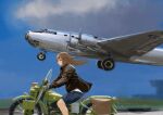  1girl absurdres aircraft airplane bag bangs blue_eyes blue_shorts blue_sky bomber brown_hair brown_jacket cloud commentary ground_vehicle highres jacket long_hair long_sleeves military military_vehicle mirroraptor motor_vehicle motorcycle original propeller riding roundel shirt shorts sky solo taking_off united_states_air_force white_shirt xb-19 