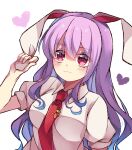  1girl :3 animal_ears bangs blouse carrot_pin collared_blouse heart highres light_purple_hair long_hair meimei_(meimei89008309) necktie puffy_short_sleeves puffy_sleeves purple_hair rabbit_ears red_eyes red_necktie reisen_udongein_inaba short_sleeves simple_background solo touhou white_background white_blouse 