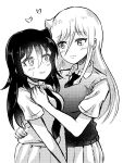  2girls alternate_hairstyle bags_under_eyes bangs blush breasts collared_shirt commentary_request cosplay eyebrows_visible_through_hair greyscale hair_between_eyes halftone hand_on_another&#039;s_hip hand_up heart highres hug katou_asuka kuroki_tomoko kuroki_tomoko_(cosplay) long_hair looking_at_another matching_hairstyle monochrome multiple_girls necktie parted_lips pleated_skirt school_uniform shirt short_sleeves simple_background skirt smile standing sweatdrop sweater_vest very_long_hair wata9mm_no watashi_ga_motenai_no_wa_dou_kangaetemo_omaera_ga_warui! white_background yuri 