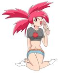  1girl asuna_(pokemon) fellatio flannery gym_leader oral panties pokemon red_eyes red_hair skirt uncensored underwear upskirt white_panties 