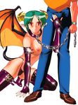  1boy 1girl bat_wings bdsm breasts carrera collar demon demon_girl demon_wings elbow_gloves fingerless_gloves gloves green_hair groping highres horns large_breasts leash pants pointy_ears red_eyes simple_background sogna succubus thigh_strap topless viper viper_gts white_background wings 