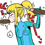  1girl artist_request blonde_hair blush cum cum_in_mouth cum_on_clothes dark_penis disembodied_penis eyes_closed fellatio handjob hetero interracial latex long_hair lowres metroid multiple_penises oral penis samus_aran uncensored 