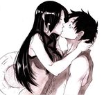  1boy 1girl black_hair boa_hancock earrings hat hetero jewelry kiss long_hair monkey_d_luffy monochrome one_piece scar simple_background straight straw_hat vest 