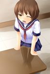  brown_eyes brown_hair clothed_masturbation crotch_rub dokuo from_above highres masturbation one_eye_closed open_mouth original pussy_juice school_uniform serafuku short_hair skirt solo sweat table table_sex thighhighs x-ray 