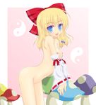  blonde_hair blue_eyes bow breasts cosplay detached_sleeves hair_bow hakurei_reimu hakurei_reimu_(cosplay) highres kirisame_marisa new_super_marisa_land nipples noveske_n4 nude short_hair small_breasts solo touhou yin_yang 