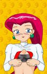  animated animated_gif blue_eyes blush breasts earrings flash flashing gif jewelry large_breasts lowres musashi_(pokemon) nipples no_bangs poke_ball pokemon red_hair team_rocket wink 