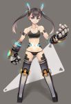  1girl black_panties blue_eyes brown_hair commentary cyborg eyeshadow full_body glowing kurio lowleg lowleg_panties makeup mecha_musume mechanical_arms mechanical_legs mechanical_parts navel original panties simple_background solo sports_bra thick_eyebrows twintails underwear underwear_only 