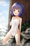  blue_hair blurry blurry_background fang gochuumon_wa_usagi_desu_ka? jouga_maya looking_at_viewer naked_towel navel onsen partially_submerged see-through short_hair sitting solo towel wet wet_hair wet_towel win_opz yellow_eyes 