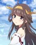  1girl ahoge blue_sky brown_hair detached_sleeves double_bun hairband headgear highres japanese_clothes kantai_collection kongou_(kancolle) kongou_kai_ni_(kancolle) nanohanalyon nontraditional_miko purple_eyes ribbon-trimmed_sleeves ribbon_trim sky solo upper_body white_sleeves 