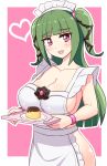  1girl apron beatus_creation blush breasts cleavage cougar_(cougar1404) eyebrows_visible_through_hair food green_hair large_breasts long_hair looking_at_viewer luifon open_mouth pudding smile solo standing virtual_youtuber 