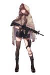 1girl absurdres ar-15 assault_rifle black_footwear black_gloves black_legwear boots brown_cape brown_hair cape dated fingerless_gloves full_body gloves guiyexiazhi gun highres holding holding_weapon hood hooded_cape long_hair looking_at_viewer m16 original red_eyes rifle short_shorts shorts simple_background single_thighhigh solo standing thighhighs weapon white_background 