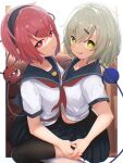  2girls absurdres blush closed_mouth eyebrows_visible_through_hair green_eyes green_hair hair_between_eyes highres komeiji_koishi komeiji_satori multiple_girls pink_eyes pink_hair senzaicha_kasukadoki short_hair siblings signature sisters smile tongue tongue_out touhou 