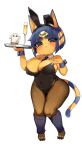  1girl absurdres alcohol animal_crossing animal_ears ankha_(animal_crossing) bare_shoulders black_eyes blue_hair breasts champagne_flute cleavage colored_skin commentary_request cup drinking_glass fishnet_legwear fishnets full_body highres jovejun large_breasts looking_at_viewer pantyhose playboy_bunny simple_background tail white_background yellow_skin 