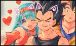  1girl 2boys :o ;d bangs bare_shoulders black_hair blue_bodysuit blue_eyes blue_hair blush bodysuit bra_(dragon_ball) choker closed_eyes crop_top dougi dragon_ball dragon_ball_gt earrings elbow_gloves father_and_daughter fingersmile forced_smile gloves heart jewelry long_hair looking_at_viewer mamefuku_(mamedehuku) multiple_boys one_eye_closed open_mouth outstretched_arm red_choker red_gloves saiyan selfie short_hair smile son_goku spiked_hair vegeta 