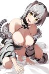  1girl 2022 all_fours animal_ears animal_print bangs bare_shoulders black_hair blush breasts cleavage collarbone hareno_chiame highres large_breasts long_hair looking_at_viewer multicolored_hair open_mouth original smile solo streaked_hair tail thighs tiger_ears tiger_girl tiger_print tiger_tail white_hair yellow_eyes 