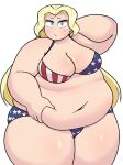  america_(ohasi) american_flag_bikini arm_behind_head belly belly_grab big_belly bikini blonde_hair breasts closed_mouth collarbone embarrassed fat flag_print highres large_breasts long_hair navel obese original pale_skin plump solo sweat swimsuit thick_thighs thighs white_background 