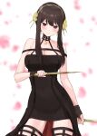  1girl bare_shoulders black_dress black_hair black_legwear blood blood_on_weapon blurry blurry_background blush breasts cleavage closed_mouth collarbone covered_navel cowboy_shot crystal_shoujo dagger dress dual_wielding earrings gold gold_earrings gold_hairband highres holding holding_dagger holding_weapon jewelry knife large_breasts long_hair petals raised_eyebrows red_eyes rose_petals sidelocks sleeveless sleeveless_dress solo spy_x_family thighhighs weapon yor_briar zettai_ryouiki 