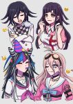  1boy 3girls antenna_hair apron arironpawa bangs barbed_wire black_choker black_hair blue_hair breasts checkered_clothes checkered_scarf choker closed_mouth collarbone crossed_arms danganronpa_(series) danganronpa_2:_goodbye_despair danganronpa_v3:_killing_harmony emoji fang goggles goggles_on_head hair_between_eyes hair_horns hands_up hat highres iruma_miu large_breasts long_hair mioda_ibuki multicolored_hair multiple_girls ouma_kokichi party_hat piercing pink_eyes pink_hair pink_shirt puffy_short_sleeves puffy_sleeves sailor_collar scarf school_uniform shirt short_sleeves smile teeth tsumiki_mikan upper_body upper_teeth white_hair 