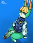  animal_crossing anthro big_penis blonde_hair bottomless clothed clothing foreskin genitals hair hi_res huge_penis hyper hyper_genitalia hyper_penis jacket khentaiu lagomorph leporid looking_up male mammal nintendo penis rabbit sasha_(animal_crossing) sitting smile solo topwear video_games 