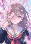  1girl artist_name bangs blonde_hair blue_eyes blue_shirt blue_sky blurry blurry_background blush braid cherry_blossoms flower fukahire_(ruinon) hair_flower hair_ornament hand_up long_hair long_sleeves looking_at_viewer neckerchief original outdoors parted_lips pink_flower red_neckerchief sailor_collar school_uniform serafuku shirt sky smile solo tree white_sailor_collar 