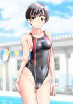  1girl absurdres black_hair blue_sky blurry blurry_background breasts brown_eyes cloud commentary_request competition_swimsuit covered_navel cowboy_shot day grey_swimsuit highres multicolored_clothes multicolored_swimsuit one-piece_swimsuit original outdoors short_hair sky small_breasts solo standing string_of_flags swimsuit takafumi 