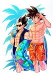  2boys :o abs bangs bara black_hair blue_hoodie blue_male_swimwear cup dragon_ball dragon_ball_z drinking drinking_straw holding holding_cup holding_innertube hood hoodie innertube large_pectorals male_focus male_swimwear mamefuku_(mamedehuku) multiple_boys muscular muscular_male navel nipples open_clothes open_hoodie orange_male_swimwear pectorals saiyan short_hair sleeveless sleeveless_hoodie son_goku spiked_hair sunglasses topless_male vegeta 