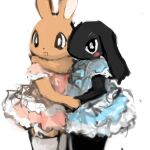  anthro bronzecatworld clothing dewlap_(anatomy) domestic_rabbit dress duo female floppy_ears hand_holding lagomorph legwear leporid lop_ears lop_rabbit mammal oryctolagus pantyhose rabbit standing 