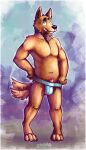  2016 4_toes abstract_background animal_genitalia animal_penis anthro biped black_nose blue_clothing blue_eyes blue_underwear brown_body brown_ears brown_fur brown_head_tuft brown_sheath brown_tail canine_penis clothing dated digitigrade feet front_view fur genitals glistening glistening_eyes glistening_nose grin hand_on_hip head_tuft hi_res looking_up male motion_lines navel neck_tuft penis penis_tip pink_penis poking_out presenting presenting_penis sheath shoulder_tuft signature smile solo standing tail_motion tailwag toes tuft underwear 