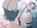  2boys ace_attorney anal ass ato_(ml_cc_g) barok_van_zieks black_legwear black_vest bottomless cowgirl_position cum grey_eyes grey_hair hands_on_another&#039;s_hips head_out_of_frame highres implied_sex kazuma_asogi lying male_focus multiple_boys on_back parted_lips pillow scar scar_on_face sex shirt straddling sweat the_great_ace_attorney thigh_strap vest white_shirt yaoi 