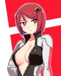  1girl azure_striker_gunvolt azure_striker_gunvolt_2 blush bodysuit breasts closed_mouth cougar_(cougar1404) hair_ornament looking_at_viewer nowa_(gunvolt) red_eyes red_hair short_hair solo 