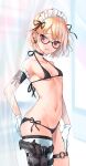  1girl absurdres bangs bare_shoulders bikini black-framed_eyewear black_bikini black_choker black_ribbon blonde_hair blush breasts choker closed_mouth collarbone cowboy_shot curtains ear_piercing frown glasses gloves gun hand_on_own_thigh highres holster looking_at_viewer maid_headdress mayoichi micro_bikini navel o-ring original piercing red_eyes ribbon short_hair side-tie_bikini single_thighhigh skindentation small_breasts solo stomach swimsuit thigh_holster thigh_strap thighhighs weapon white_gloves white_legwear 