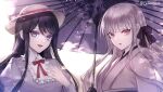  2girls :d alternate_costume artist_name bangs black_hair blue_eyes bnags danganronpa:_trigger_happy_havoc danganronpa_(series) eyebrows_visible_through_hair frills hand_up japanese_clothes juliet_sleeves kimono kirigiri_kyouko long_hair long_sleeves looking_at_viewer maizono_sayaka multiple_girls neck_ribbon obi oil-paper_umbrella pink_eyes pink_hair pink_headwear pink_kimono puffy_sleeves red_ribbon ribbon sash shiny shiny_hair shiny_hiar smile umbrella upper_body z-epto_(chat-noir86) 