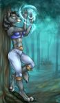  3_toes anthro barefoot blizzard_entertainment breasts canid clothed clothing digitigrade fantasy feet female forest forest_background korrok magic magic_user mammal nature nature_background plant skimpy solo tight_clothing toes tree video_games warcraft were werecanid worgen 