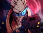  alien armor blue_eyes bodypaint face_paint garrus_vakarian glowing gun handgun holding_object holding_weapon male mass_effect ranged_weapon smoking_gun solo standing teeth turian uglynicc video_games visor weapon 