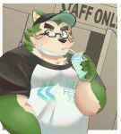  2022 absurd_res amidasuke anthro belly big_belly blush canid canine canis clothing domestic_dog drinking eyewear face_mask glasses green_body hat headgear headwear hi_res humanoid_hands kemono lifewonders live-a-hero male mammal mokdai overweight overweight_male shirt solo topwear video_games 