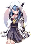  1girl absurdres bangs belt black_choker blue_dress blue_eyes blue_hair blue_nails blue_sailor_collar blush bow bowtie choker dress drink drinking_straw_in_mouth eyebrows_visible_through_hair grey_belt highres holding holding_drink hololive hood hood_down hooded_jacket hoshimachi_suisei jacket juice_box long_hair long_sleeves looking_at_viewer madara_jya nail_polish one_eye_closed open_clothes open_jacket parted_lips pleated_dress sailor_collar solo star_(symbol) star_in_eye symbol_in_eye virtual_youtuber white_jacket yellow_bow yellow_bowtie 