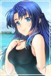  1girl asakura_ryouko bangs beach black_swimsuit blue_eyes blue_hair breasts cleavage eyebrows_visible_through_hair framed highres large_breasts long_hair looking_at_viewer nao_(doublexdutch) one-piece_swimsuit parted_bangs sleeveless smile solo suzumiya_haruhi_no_yuuutsu swimsuit upper_body water 