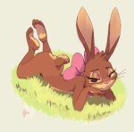  3_toes anthro brown_body brown_fur butt cadbury cadbury_bunny edtropolis feet female fur grass hi_res looking_at_viewer lying mascot on_front pink_bow plant simple_background solo toes 