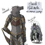  2022 absurd_res anthro armor biped blaidd_(elden_ring) bluedaddysgirl canid canine canis cloak clothed clothing dialogue digital_media_(artwork) duo elden_ring fangs fromsoftware hair headgear helmet hi_res male maliketh_(elden_ring) mammal midriff signature simple_background talking_to_another video_games wolf 