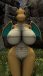  2021 3d_(artwork) 9:16 anthro big_breasts black_eyes breasts curious digital_media_(artwork) dnrud12 dragonite featureless_breasts female genitals grass hand_behind_back hi_res horn looking_at_viewer navel nintendo nude orange_body orange_skin plant pok&eacute;mon pok&eacute;mon_(species) pok&eacute;morph pussy question_mark rock solo source_filmmaker video_games widescreen wings yellow_body yellow_skin 